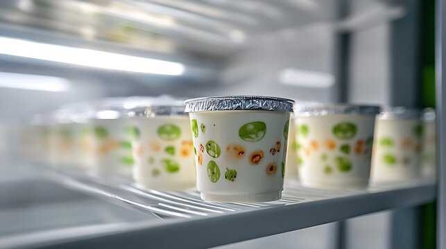 Fresh yogurt cups with fruit toppings in refrigerator. Dairy dessert containers chilled on glass shelf for healthy snacking.