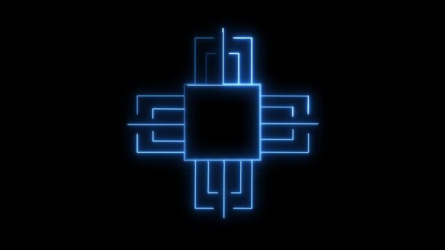 Glowing blue computer chip processor icon with digital circuit lines and modern technology lines isolated on a dark black background representing artificial intelligence and advanced computing systems