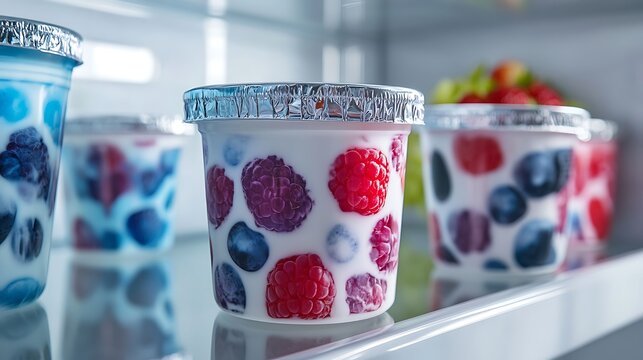 Set of colorful ceramic cups on a kitchen shelf. Trendy polka dot and floral mugs for home decor and cafe styling.