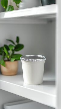 Minimalist white planter with green houseplant on floating shelf. Small ceramic pot holding indoor foliage for modern home decor styling.