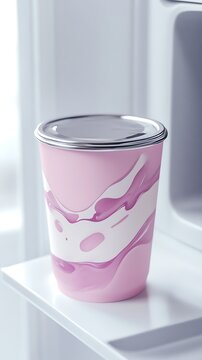 Pink marble tumbler with lid on white surface. Colorful insulated cup for hot beverages