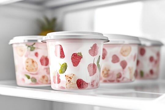 Yogurt cups with fruit designs on a shelf. Frozen dessert containers with strawberry patterns.