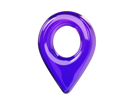 Glossy purple 3D map location pin icon. Front view. Transparent glass navigation marker isolated on background for GPS, map, travel and UI design. 3d render.
