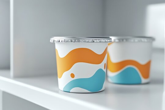 Colorful yogurt cups on a shelf. White containers with orange and blue designs.