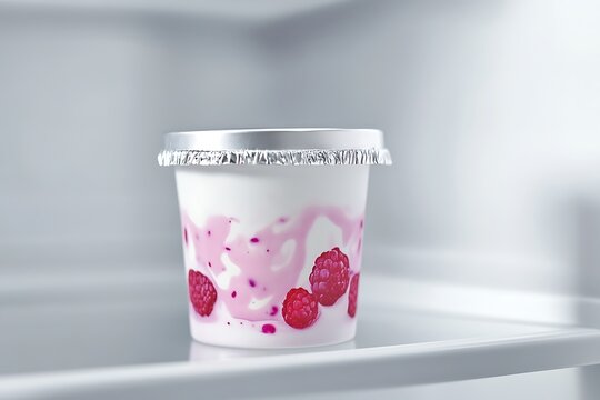 Yogurt cup with raspberries in fridge. Frozen dessert container.