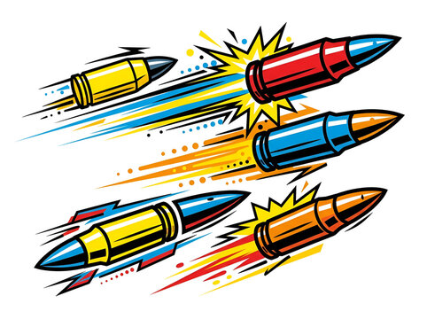 Bullet vector art of colorful flying ammunition in comic style