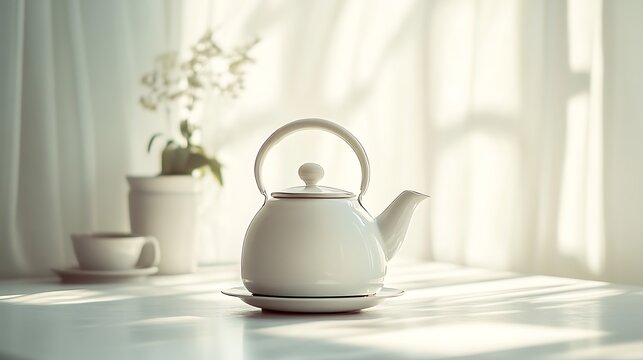 White teapot on a table. Ceramic tea kettle with cup and plant.