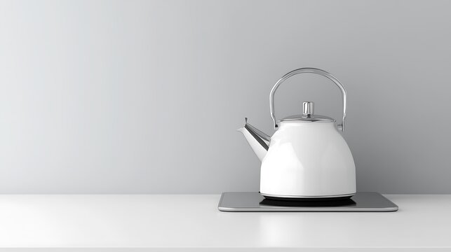 Modern electric kettle on a countertop. White kitchen appliance with cordless design