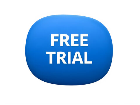 Blue rounded button with white free trial text isolated on transparent background