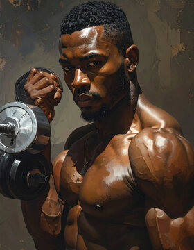 Muscular athlete lifting dumbbell portrait