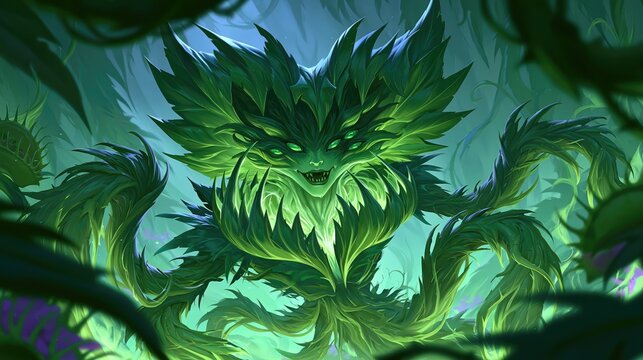 Mysterious Green Elemental Guardian Emerging from Lush Flora in a Enigmatic Forest Setting