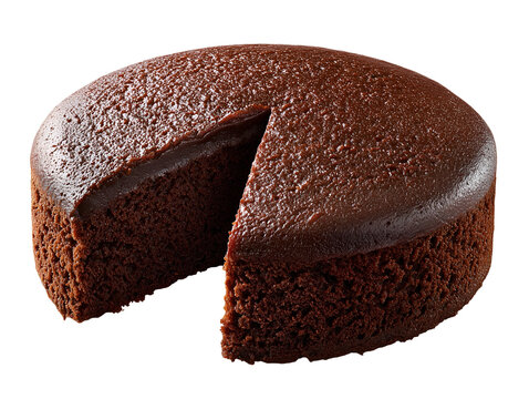 Whole chocolate cake with rich chocolate ganache and one slice removed, isolated on a white background.