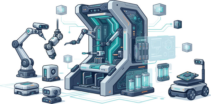 Futuristic Robotic Maintenance Station with Automated Industrial Manufacturing System