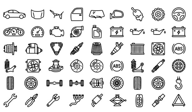 Car auto parts automobile mechanic and vehicle repair vector line icon set