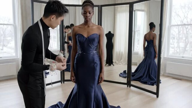 Fashion designer fitting a couture evening gown on a model in an atelier, adjusting pins at the waist seam before a mirror. Couture fitting atelier concept
