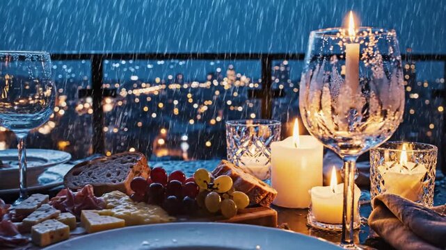 Romantic dinner setup with wine glasses and candles on a table overlooking city lights at night with food