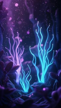 Bioluminescent Glowing Deep Sea Corals in Neon Blue and Purple Generative AI