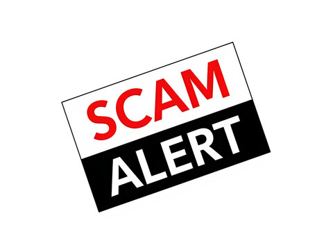 Red and black scam alert stamp icon for security and fraud prevention isolated on transparent background