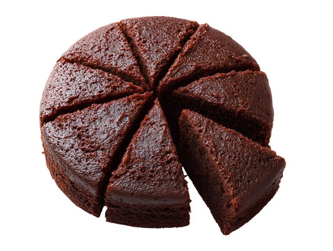 Whole Devil&rsquo;s Food Cake cut into slices, featuring rich dark chocolate crumb, isolated on a white background.