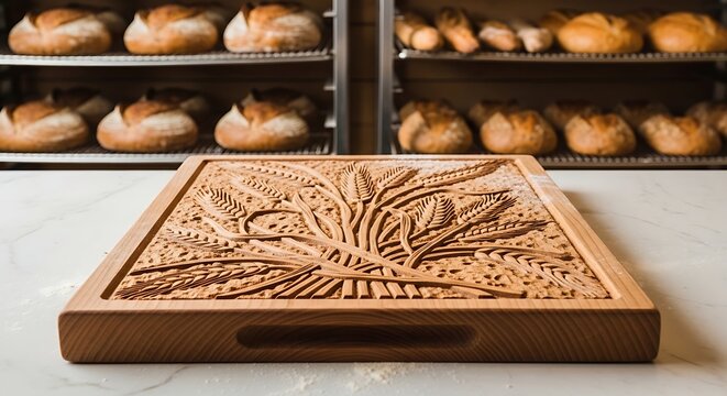Carved Wooden Bread Board Surrounded by Freshly Baked Loaves