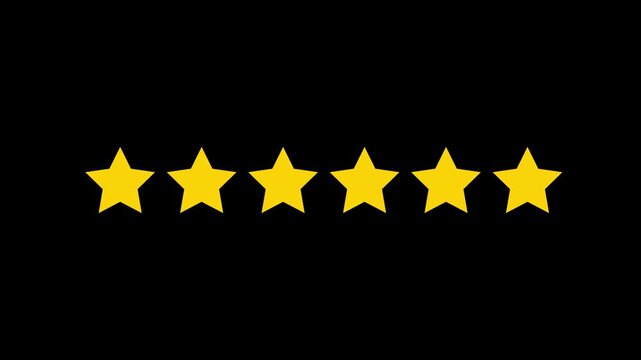 Six yellow star rating icon template design vector illustration for customer product review feedback, premium quality evaluation ranking emblem, standard service satisfaction level score.