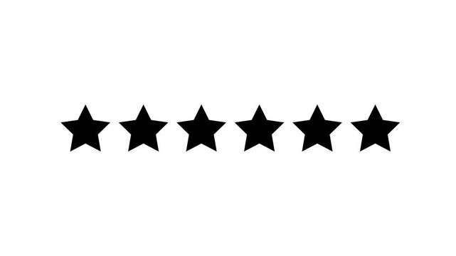 Six black star rating icon template design vector illustration for customer product review feedback, premium quality evaluation ranking emblem, standard service satisfaction level score.