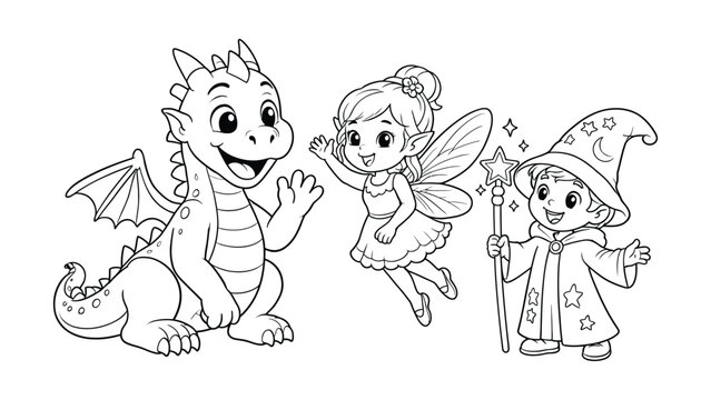 Cute cartoon dragon fairy and wizard characters standing and waving happily together