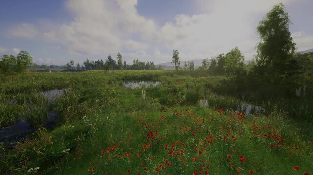 Dusky marshland with reflective water pools poppy speckles across marsh edge, tall reeds and boggy channels, distant birch and alder silhouettes, heavy cloud