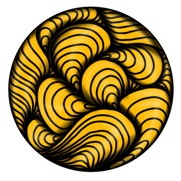 Abstract yellow zentangle circle pattern with black wavy lines