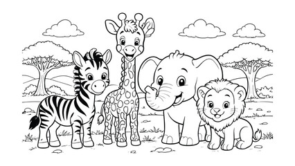Cute cartoon safari animals including a zebra giraffe elephant and lion in outline drawing style © MD