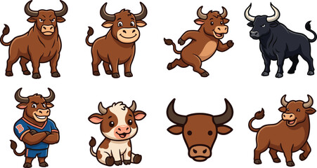 Fototapeta premium Cute Bull Ox and Cow Cartoon Character Set Featuring Various Poses Like Running Standing Angry Head Silhouette and Sports Jersey Mascot VectorCute Bull Ox and Cow Cartoon Character Set Featuring Vario