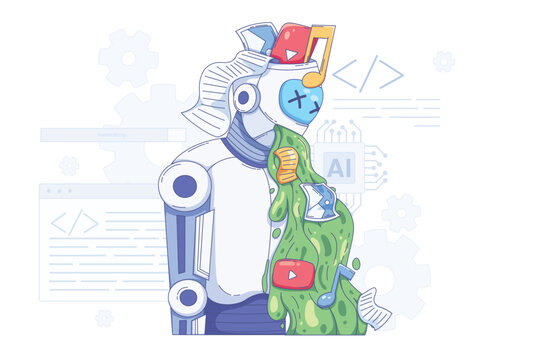 AI slop or low-quality media/content generated by AI from videos, music, text, and images.
Depicted with an AI robot mass-producing low-quality media, resulting digital waste.