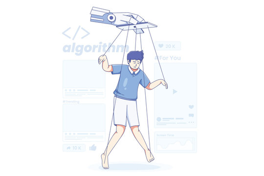 Conceptual illustration of a person controlled and manipulated by algorithm social media and internet like as a marionette puppet, surrounded by social media icons, trending hashtags, and a screen tim