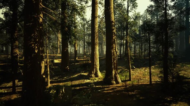 Misty morning woodland pierced by golden sunbeams, tall trunks fading into haze, shafts of light cutting through, dewy ground, contemplative quiet mood.