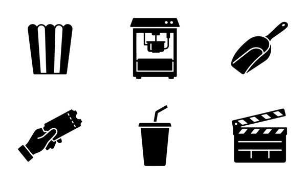 6 Cinema Icons: Popcorn, Machine, Ticket, Drink, Scoop, Clapperboard, for Entertainment