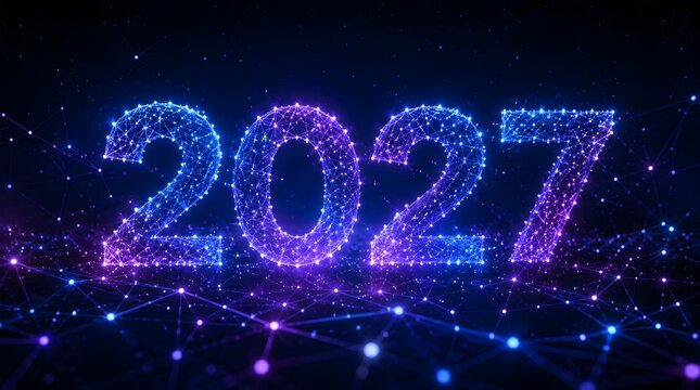Glowing digital network connection representing new year date two thousand twenty seven.