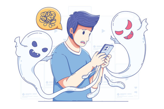 Doomscrolling Anxiety  illustration depicted a man anxiously staring at his smartphone while ghostly hands surround his body, symbolizing the state of being trapped in endless scrolling.
