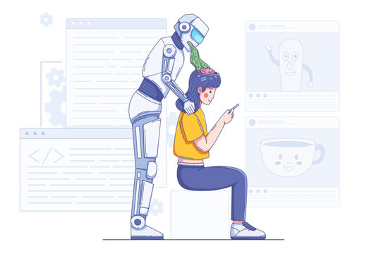 Watching AI Slop junk media content, depicted through an AI humanoid robot pouring waste liquid into the brain of a person scrolling through their smartphone screen.