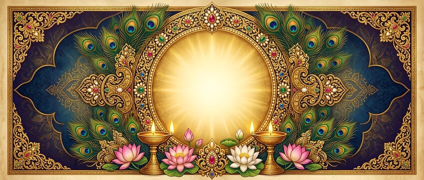 Ornate Indian frame with peacock feathers, gems, lotus, diyas, golden light