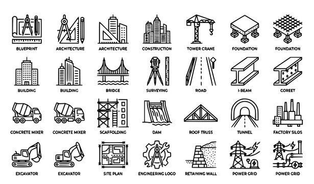 Civil Construction Structural Engineering Line Icon Set Editable Vector