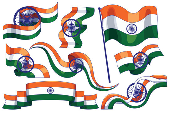 Set of Indian national flag illustrations in waving, ribbon, and banner styles featuring the tricolor with Ashoka Chakra emblem, designed for Independence Day and Republic Day celebrations.