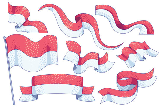 Indonesian flag waving ribbon and banner illustration set with halftone dot texture