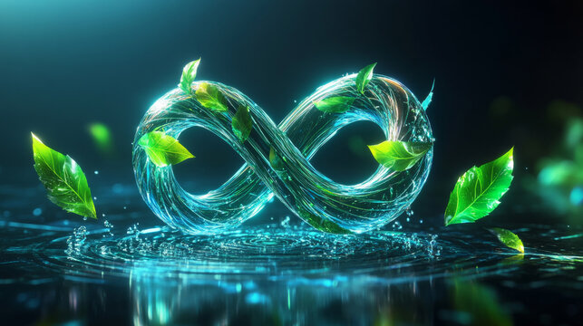 Transparent Infinity Symbol Filled with Fresh Green Leaves Circular Economy and Sustainability Concept