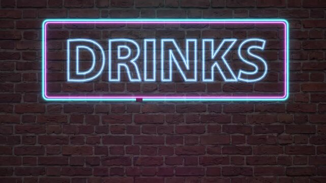 Blue and Purple Neon Drinks Sign Flickering on Brick Wall