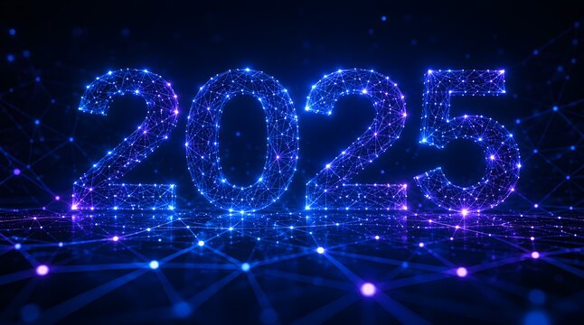 Abstract year 2025 sign constructed with glowing blue light nodes and connected lines.