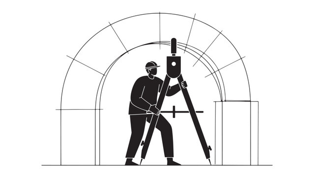 Surveyor using tripod and total station for precise construction site measurement planning