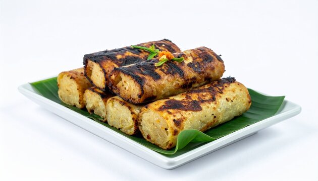 Pulut Panggang grilled glutinous rice rolls isolated on a white background with generous copy space