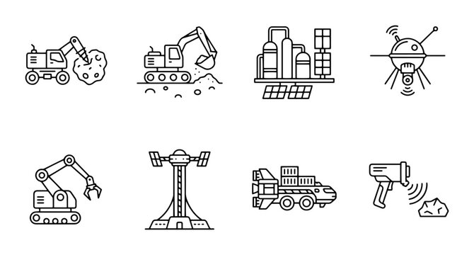 Industry and space exploration icon set excavators, robots, rockets, outline, solid and color styles