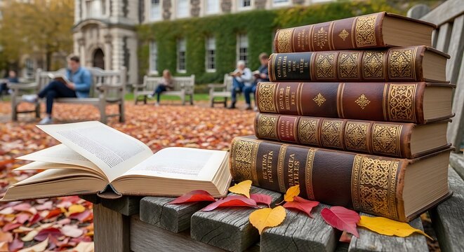 Stack of old books on wooden bench with fallen leaves in autumn