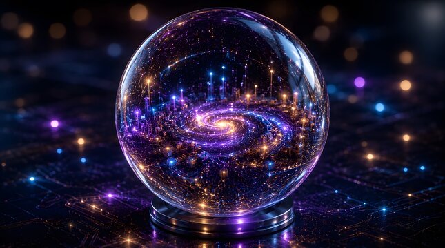Crystal ball with swirling galaxy of lights and circuits inside.